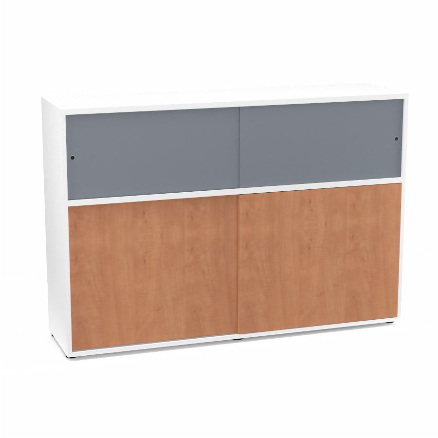 Meuble comptoir sparateur Armand H. 135 x L. 165 x P. 43,2 cm - 2 tablettes - corps mlamine blanc neige - portes mlamine pommier de France/altuglas gris fum