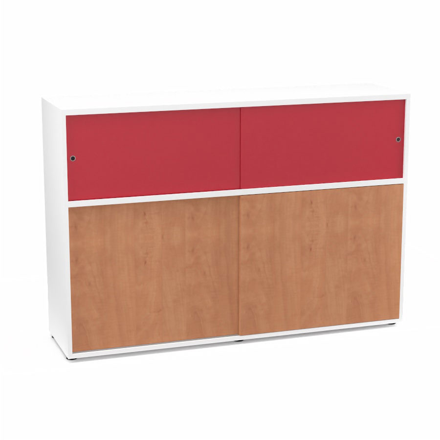 Meuble comptoir sparateur Armand H. 135 x L. 165 x P. 43,2 cm - 2 tablettes - corps mlamine blanc neige - portes mlamine pommier de France/altuglas rouge satin