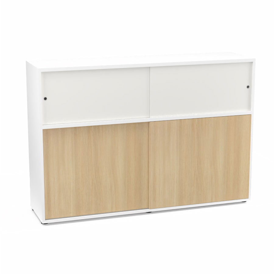Meuble comptoir sparateur Armand H. 135 x L. 165 x P. 43,2 cm - 2 tablettes - corps mlamine blanc neige - portes mlamine chne clair/altuglas blanc satin