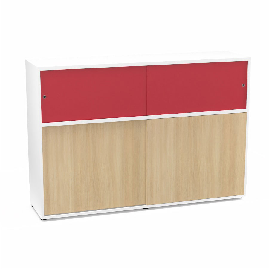 Meuble comptoir sparateur Armand H. 135 x L. 165 x P. 43,2 cm - 2 tablettes - corps mlamine blanc neige - portes mlamine chne clair/altuglas rouge satin