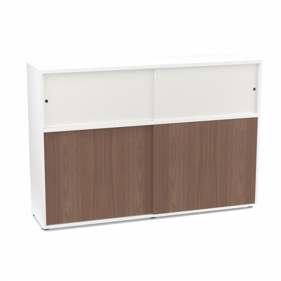 Meuble comptoir sparateur Armand H. 135 x L. 165 x P. 43,2 cm - 2 tablettes - corps mlamine blanc neige - portes mlamine noyer ambr/altuglas blanc satin