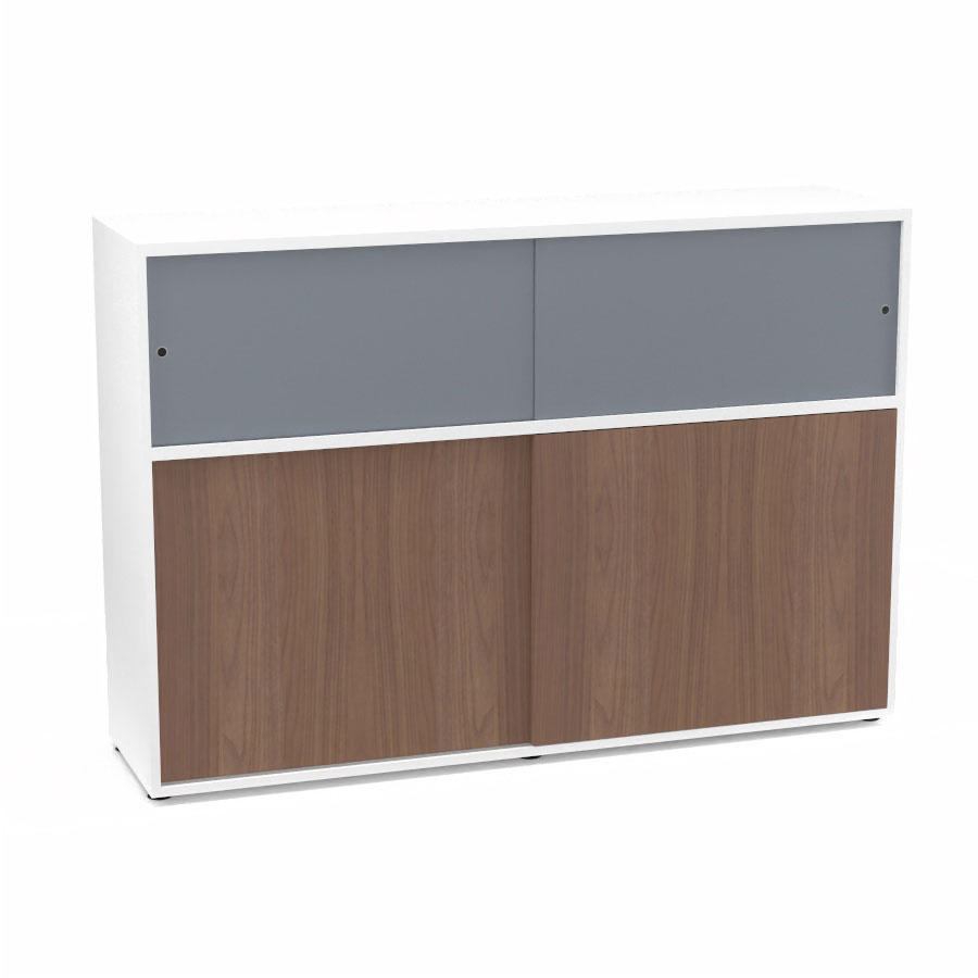 Meuble comptoir sparateur Armand H. 135 x L. 165 x P. 43,2 cm - 2 tablettes - corps mlamine blanc neige - portes mlamine noyer ambr/altuglas gris fum