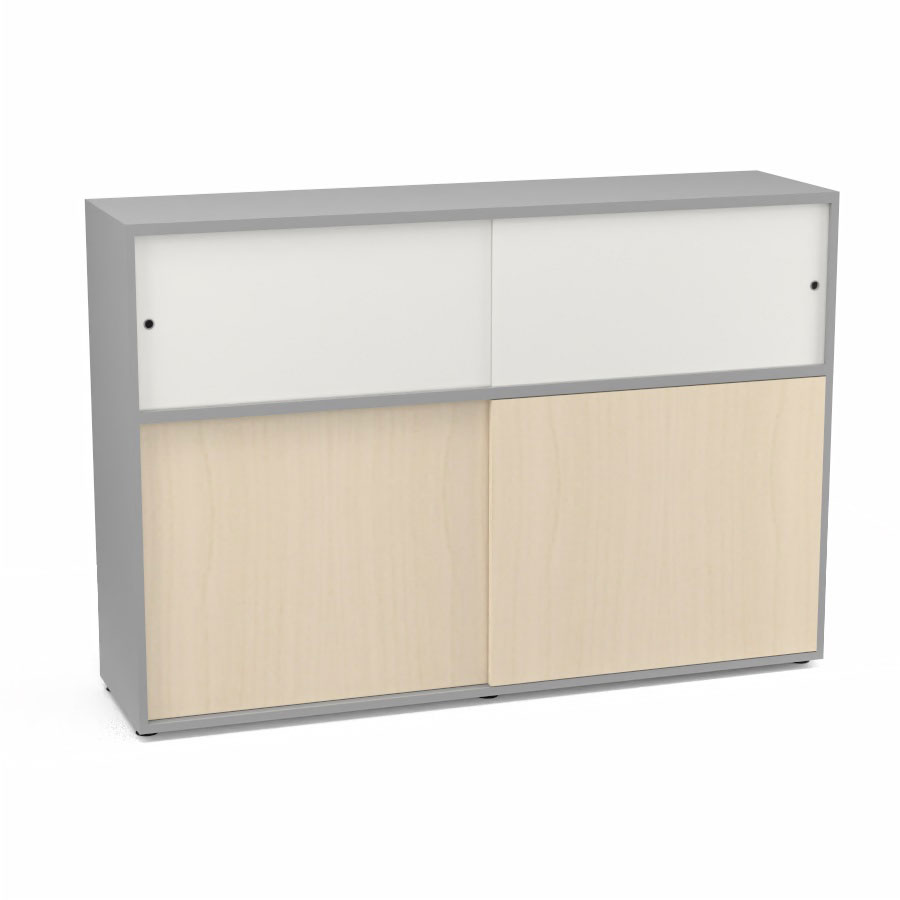 Meuble comptoir sparateur Armand H. 135 x L. 165 x P. 43,2 cm - 2 tablettes - corps mlamine gris aluminium - portes mlamine rable blanc/altuglas blanc satin