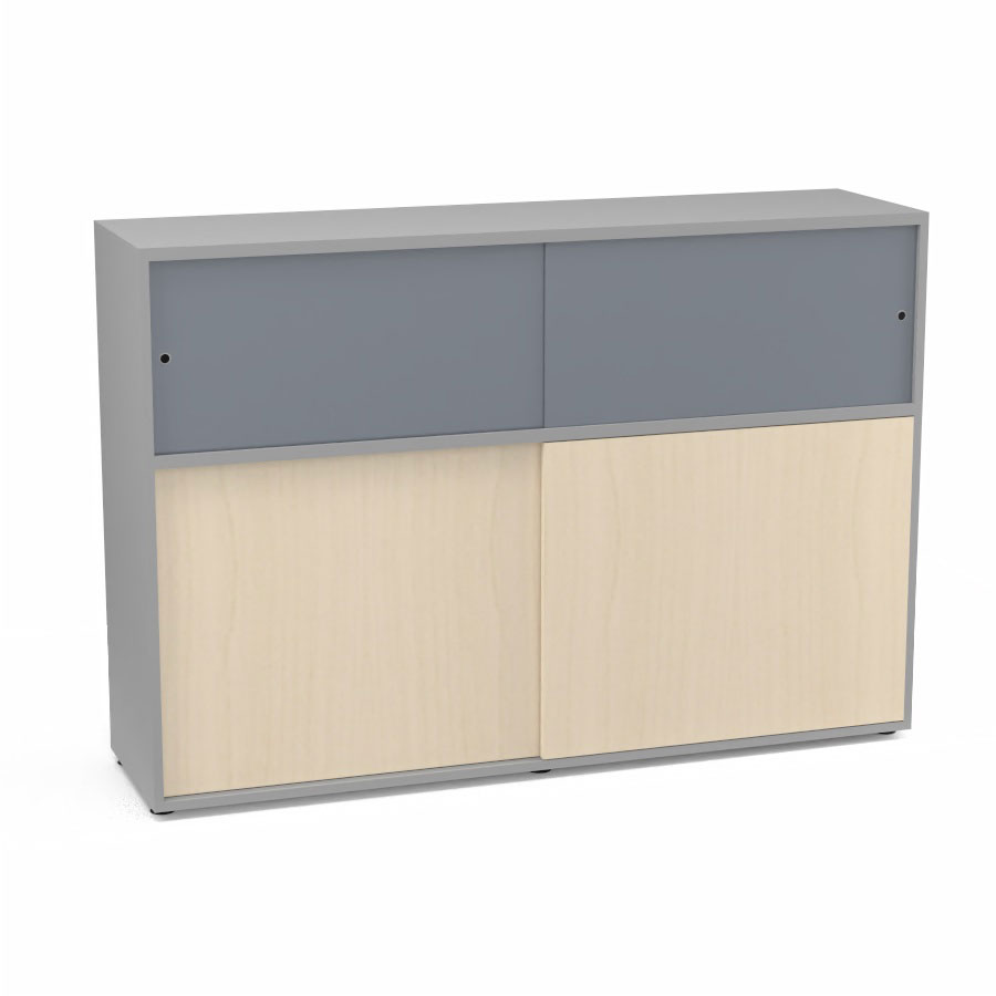 Meuble comptoir sparateur Armand H. 135 x L. 165 x P. 43,2 cm - 2 tablettes - corps mlamine gris aluminium - portes mlamine rable blanc/altuglas gris fum