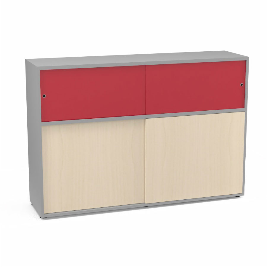 Meuble comptoir sparateur Armand H. 135 x L. 165 x P. 43,2 cm - 2 tablettes - corps mlamine gris aluminium - portes mlamine rable blanc/altuglas rouge satin
