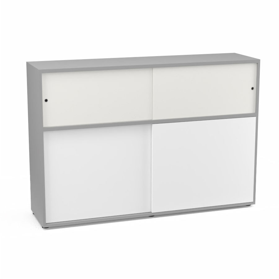 Meuble comptoir sparateur Armand H. 135 x L. 165 x P. 43,2 cm - 2 tablettes - corps mlamine gris aluminium - portes mlamine blanc neige/altuglas blanc satin