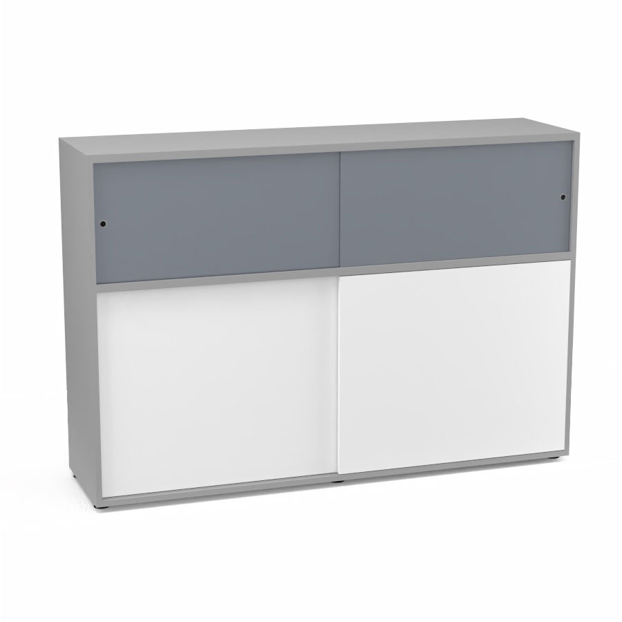 Meuble comptoir sparateur Armand H. 135 x L. 165 x P. 43,2 cm - 2 tablettes - corps mlamine gris aluminium - portes mlamine blanc neige/altuglas gris fum