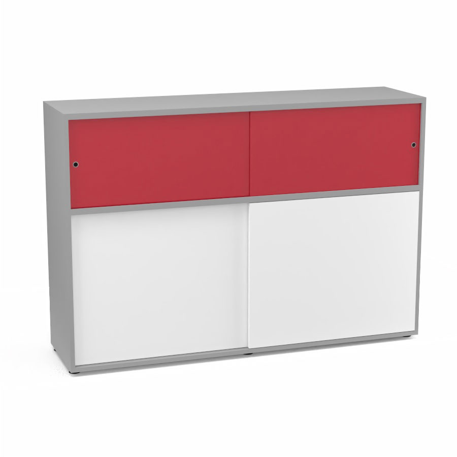 Meuble comptoir sparateur Armand H. 135 x L. 165 x P. 43,2 cm - 2 tablettes - corps mlamine gris aluminium - portes mlamine blanc neige/altuglas rouge satin