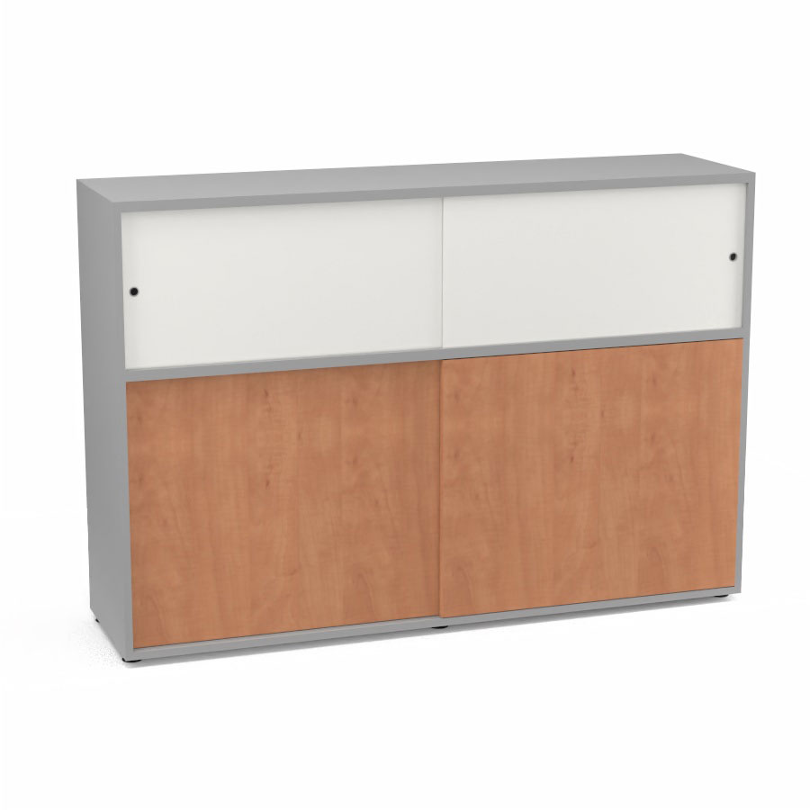 Meuble comptoir sparateur Armand H. 135 x L. 165 x P. 43,2 cm - 2 tablettes - corps mlamine gris aluminium - portes mlamine pommier de France/altuglas blanc satin