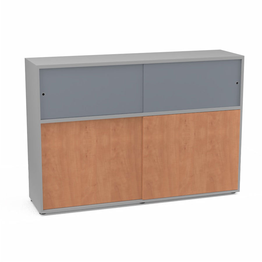 Meuble comptoir sparateur Armand H. 135 x L. 165 x P. 43,2 cm - 2 tablettes - corps mlamine gris aluminium - portes mlamine pommier de France/altuglas gris fum