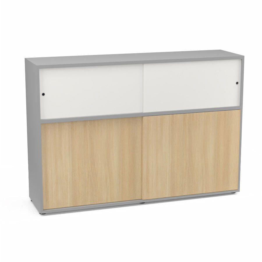 Meuble comptoir sparateur Armand H. 135 x L. 165 x P. 43,2 cm - 2 tablettes - corps mlamine gris aluminium - portes mlamine chne clair/altuglas blanc satin