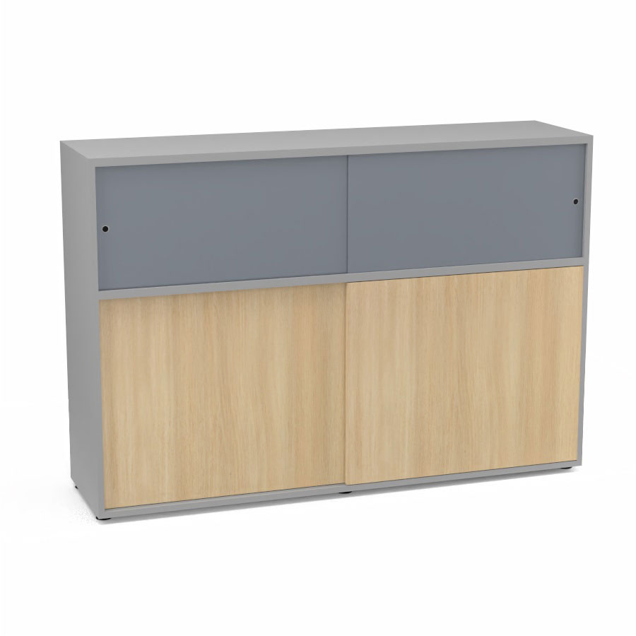 Meuble comptoir sparateur Armand H. 135 x L. 165 x P. 43,2 cm - 2 tablettes - corps mlamine gris aluminium - portes mlamine chne clair/altuglas gris fum