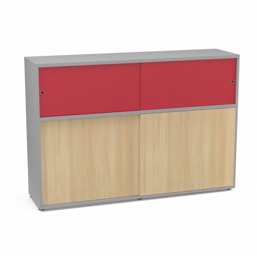 Meuble comptoir sparateur Armand H. 135 x L. 165 x P. 43,2 cm - 2 tablettes - corps mlamine gris aluminium - portes mlamine chne clair/altuglas rouge satin