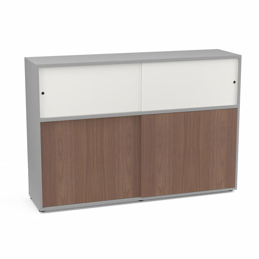 Meuble comptoir sparateur Armand H. 135 x L. 165 x P. 43,2 cm - 2 tablettes - corps mlamine gris aluminium - portes mlamine noyer ambr/altuglas blanc satin