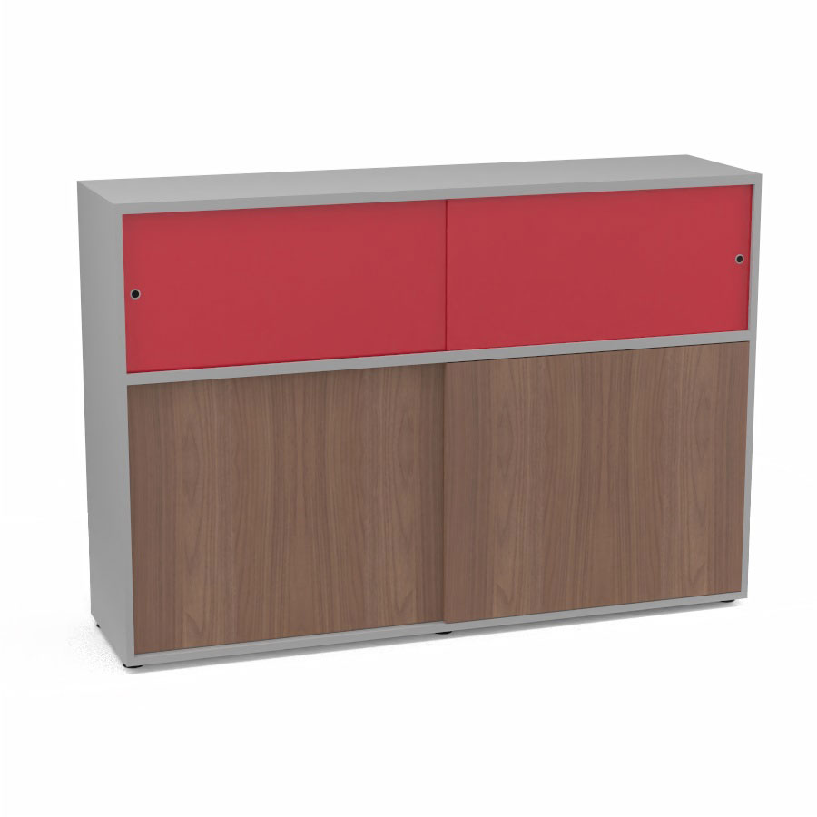 Meuble comptoir sparateur Armand H. 135 x L. 165 x P. 43,2 cm - 2 tablettes - corps mlamine gris aluminium - portes mlamine noyer ambr/altuglas rouge satin