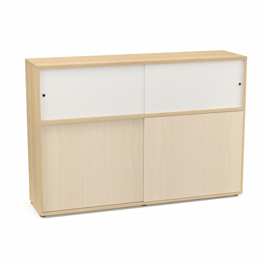 Meuble comptoir sparateur Armand H. 135 x L. 165 x P. 43,2 cm - 2 tablettes - corps mlamine chne clair - portes mlamine rable blanc/altuglas blanc satin