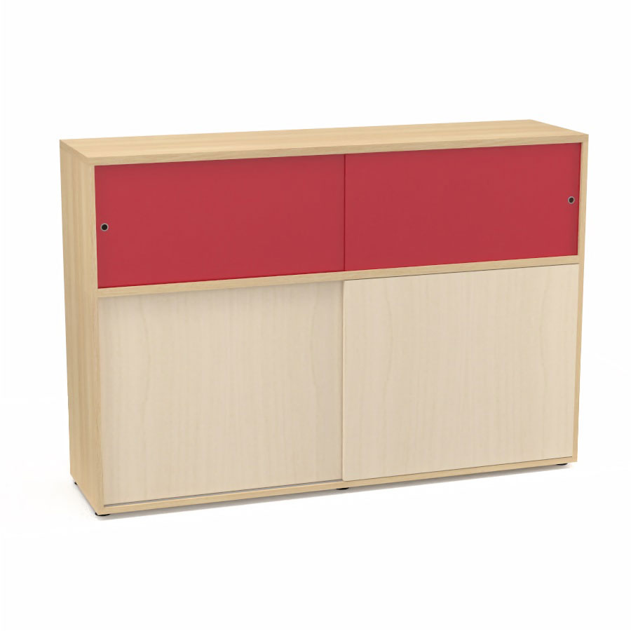Meuble comptoir sparateur Armand H. 135 x L. 165 x P. 43,2 cm - 2 tablettes - corps mlamine chne clair - portes mlamine rable blanc/altuglas rouge satin