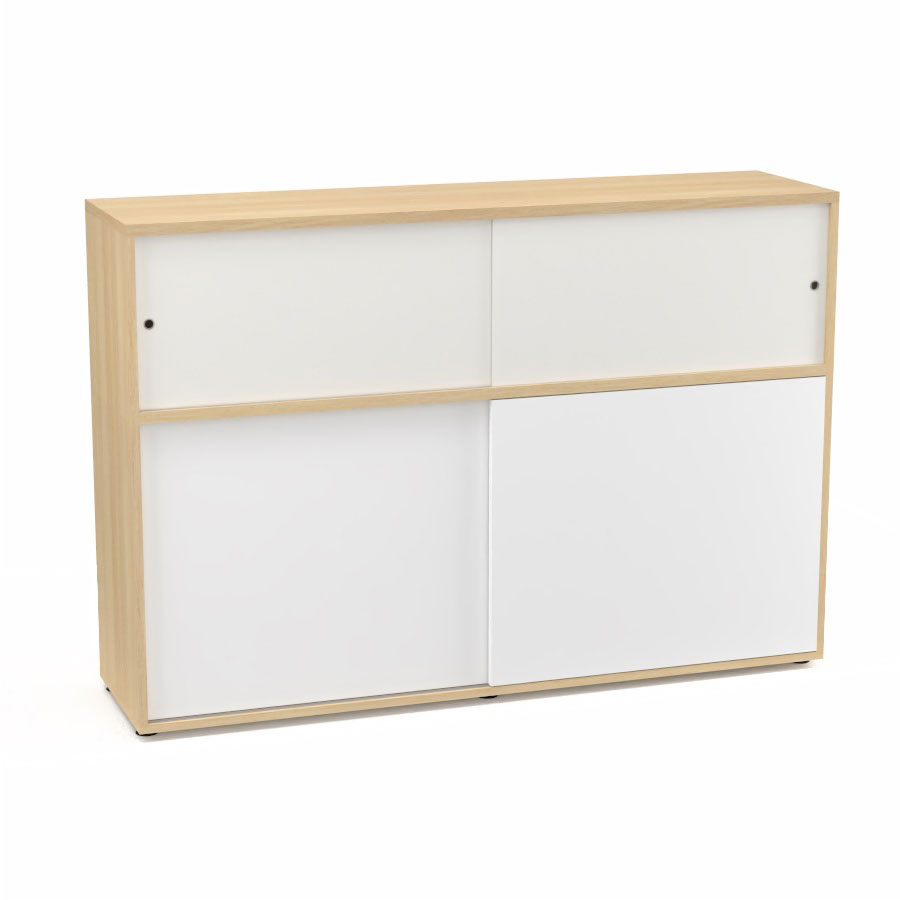 Meuble comptoir sparateur Armand H. 135 x L. 165 x P. 43,2 cm - 2 tablettes - corps mlamine chne clair - portes mlamine blanc neige/altuglas blanc satin