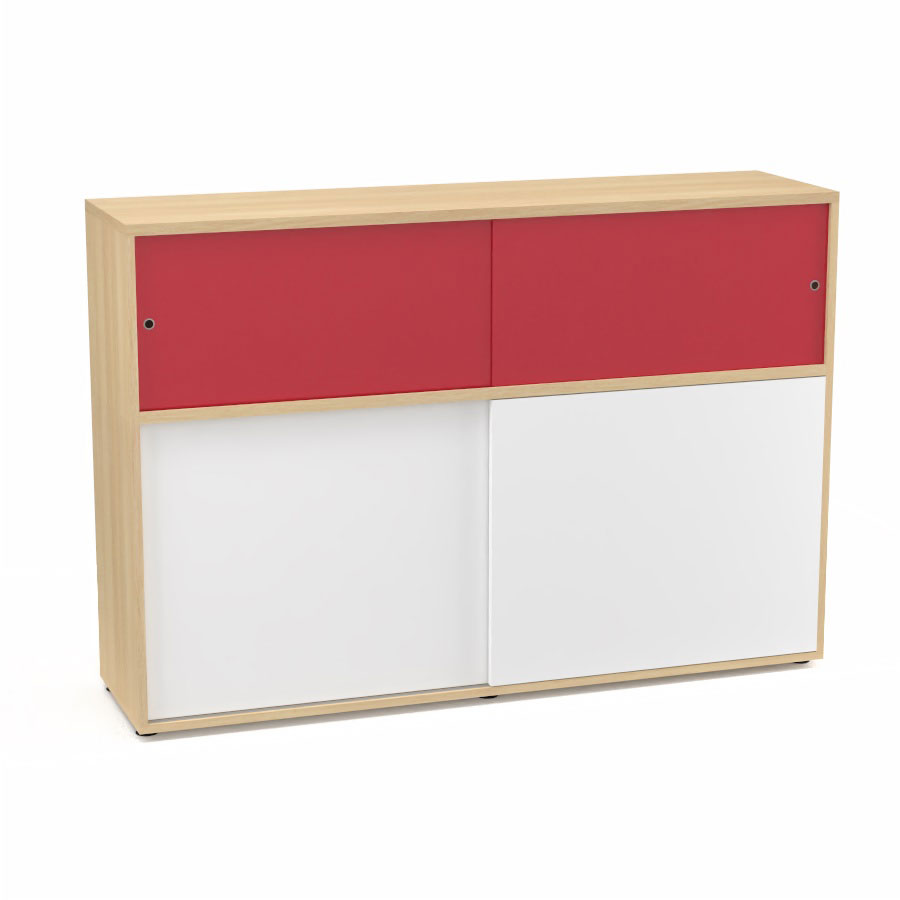 Meuble comptoir sparateur Armand H. 135 x L. 165 x P. 43,2 cm - 2 tablettes - corps mlamine chne clair - portes mlamine blanc neige/altuglas rouge satin