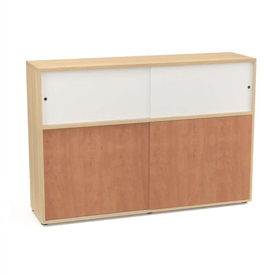 Meuble comptoir sparateur Armand H. 135 x L. 165 x P. 43,2 cm - 2 tablettes - corps mlamine chne clair - portes mlamine pommier de France/altuglas blanc satin