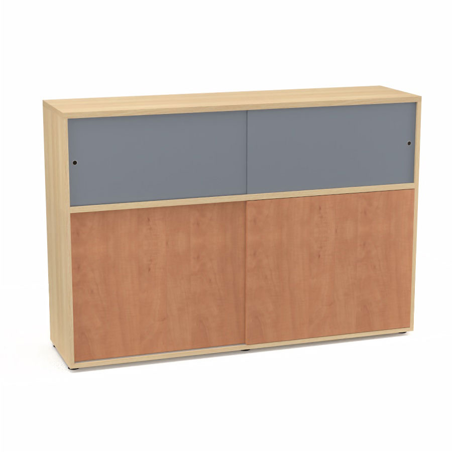 Meuble comptoir sparateur Armand H. 135 x L. 165 x P. 43,2 cm - 2 tablettes - corps mlamine chne clair - portes mlamine pommier de France/altuglas gris fum