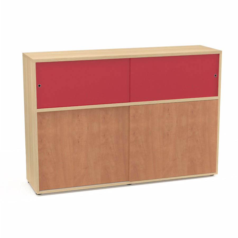 Meuble comptoir sparateur Armand H. 135 x L. 165 x P. 43,2 cm - 2 tablettes - corps mlamine chne clair - portes mlamine pommier de France/altuglas rouge satin