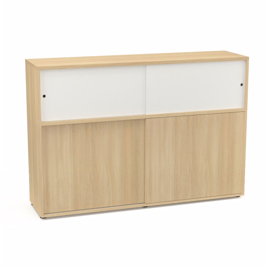 Meuble comptoir sparateur Armand H. 135 x L. 165 x P. 43,2 cm - 2 tablettes - corps mlamine chne clair - portes mlamine chne clair/altuglas blanc satin