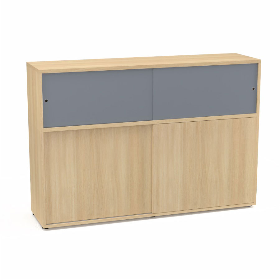 Meuble comptoir sparateur Armand H. 135 x L. 165 x P. 43,2 cm - 2 tablettes - corps mlamine chne clair - portes mlamine chne clair/altuglas gris fum