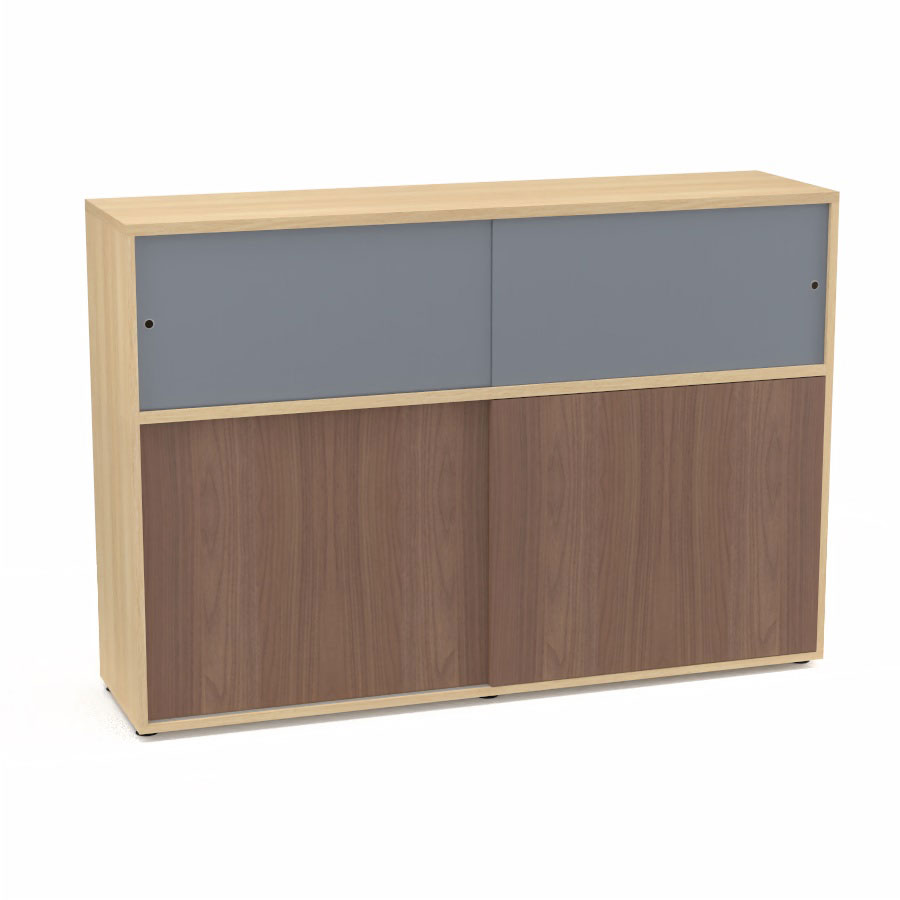 Meuble comptoir sparateur Armand H. 135 x L. 165 x P. 43,2 cm - 2 tablettes - corps mlamine chne clair - portes mlamine noyer ambr/altuglas gris fum