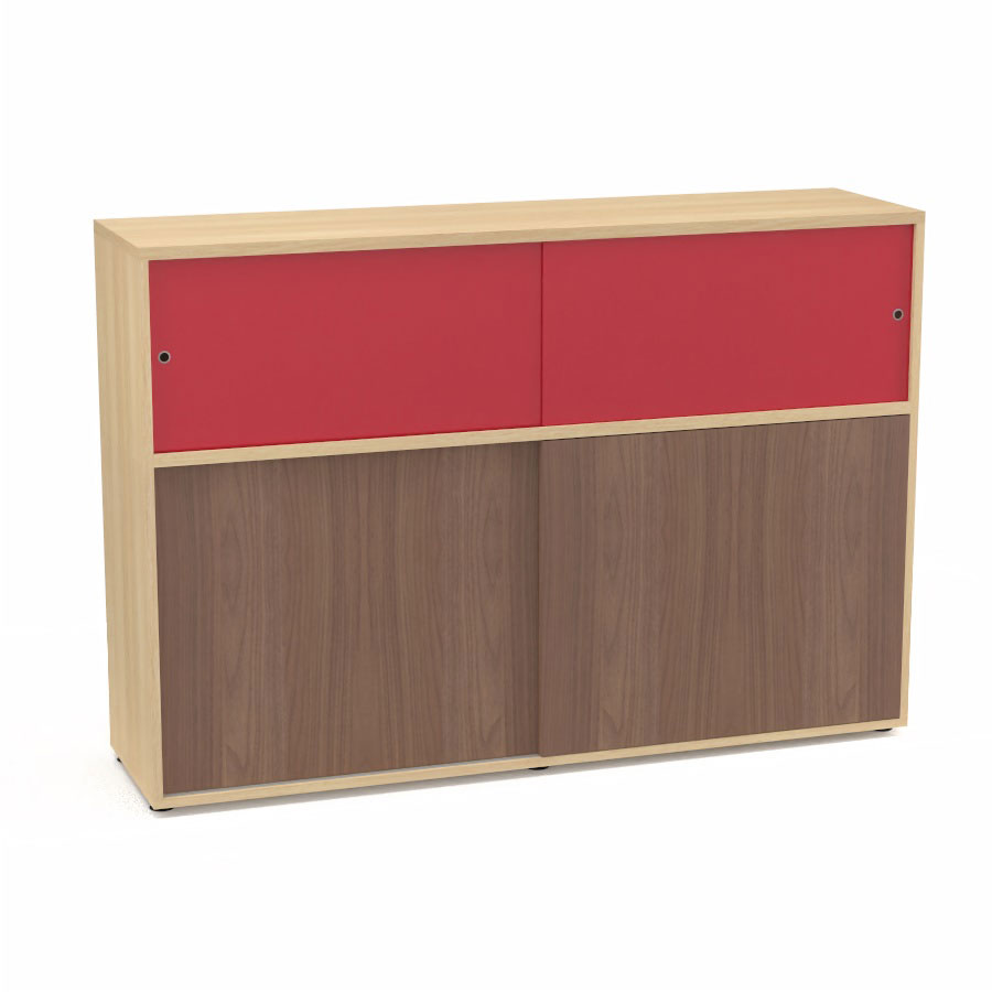 Meuble comptoir sparateur Armand H. 135 x L. 165 x P. 43,2 cm - 2 tablettes - corps mlamine chne clair - portes mlamine noyer ambr/altuglas rouge satin