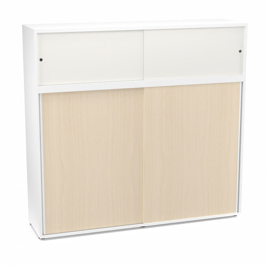 Meuble comptoir sparateur Armand H. 156 x L. 165 x P. 43,2 cm - 3 tablettes - corps mlamine blanc neige - portes mlamine rable blanc/altuglas blanc satin