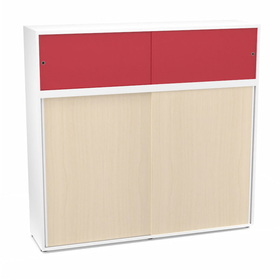 Meuble comptoir sparateur Armand H. 156 x L. 165 x P. 43,2 cm - 3 tablettes - corps mlamine blanc neige - portes mlamine rable blanc/altuglas rouge satin