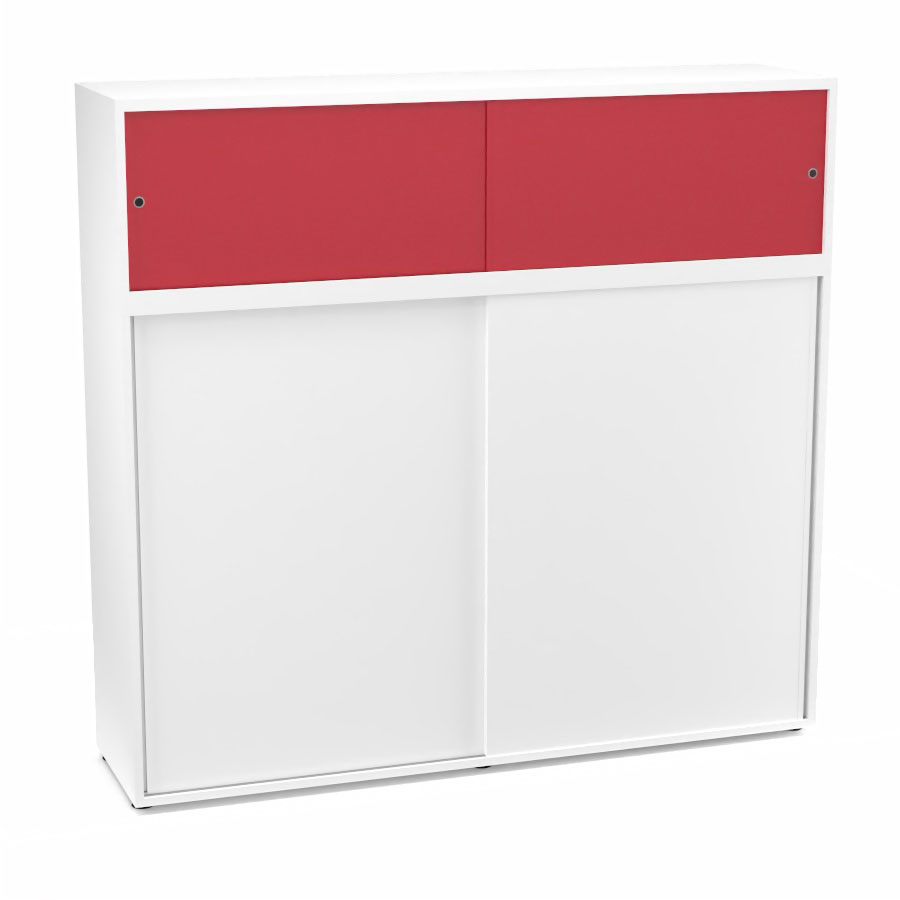 Meuble comptoir sparateur Armand H. 156 x L. 165 x P. 43,2 cm - 3 tablettes - corps mlamine blanc neige - portes mlamine blanc neige/altuglas rouge satin