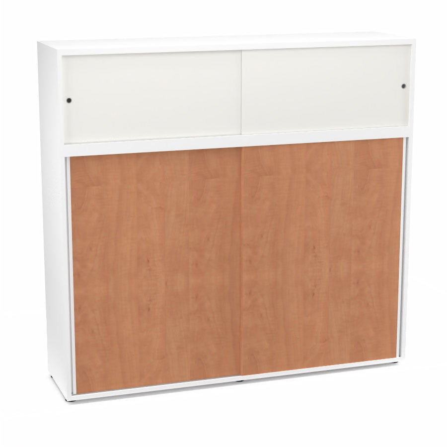 Meuble comptoir sparateur Armand H. 156 x L. 165 x P. 43,2 cm - 3 tablettes - corps mlamine blanc neige - portes mlamine pommier de France/altuglas blanc satin