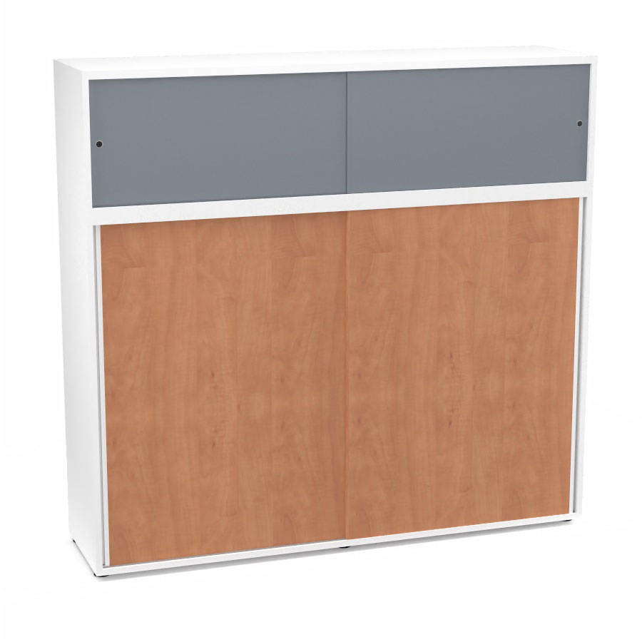 Meuble comptoir sparateur Armand H. 156 x L. 165 x P. 43,2 cm - 3 tablettes - corps mlamine blanc neige - portes mlamine pommier de France/altuglas gris fum