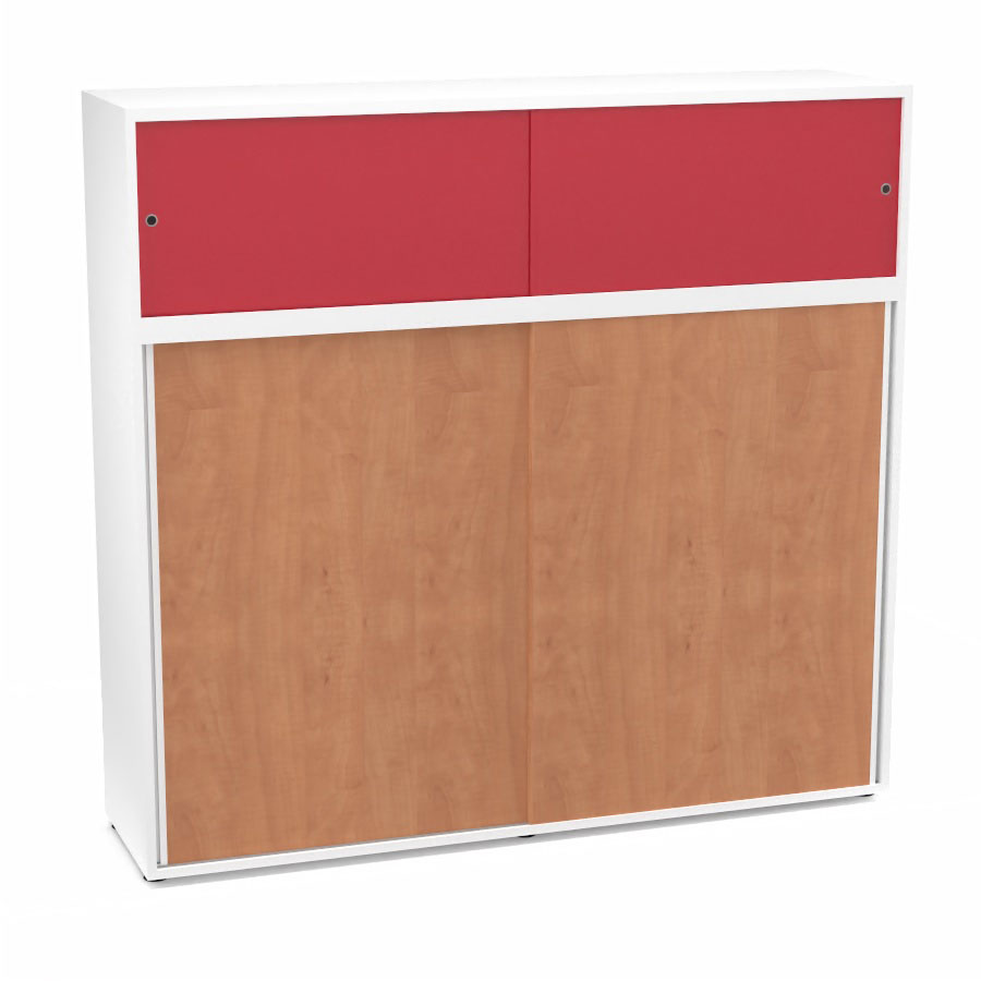 Meuble comptoir sparateur Armand H. 156 x L. 165 x P. 43,2 cm - 3 tablettes - corps mlamine blanc neige - portes mlamine pommier de France/altuglas rouge satin