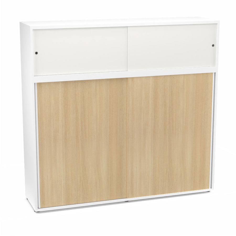 Meuble comptoir sparateur Armand H. 156 x L. 165 x P. 43,2 cm - 3 tablettes - corps mlamine blanc neige - portes mlamine chne clair/altuglas blanc satin