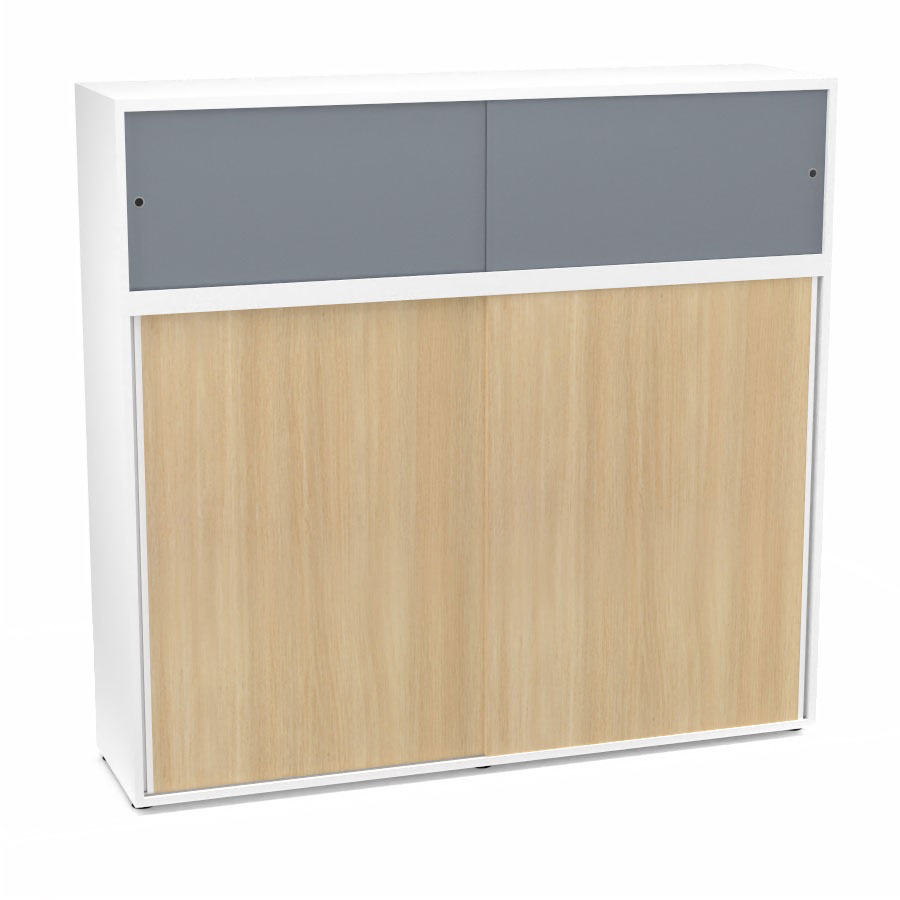 Meuble comptoir sparateur Armand H. 156 x L. 165 x P. 43,2 cm - 3 tablettes - corps mlamine blanc neige - portes mlamine chne clair/altuglas gris fum