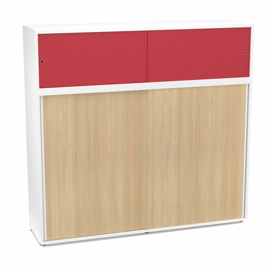 Meuble comptoir sparateur Armand H. 156 x L. 165 x P. 43,2 cm - 3 tablettes - corps mlamine blanc neige - portes mlamine chne clair/altuglas rouge satin