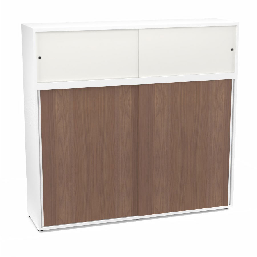 Meuble comptoir sparateur Armand H. 156 x L. 165 x P. 43,2 cm - 3 tablettes - corps mlamine blanc neige - portes mlamine noyer ambr/altuglas blanc satin