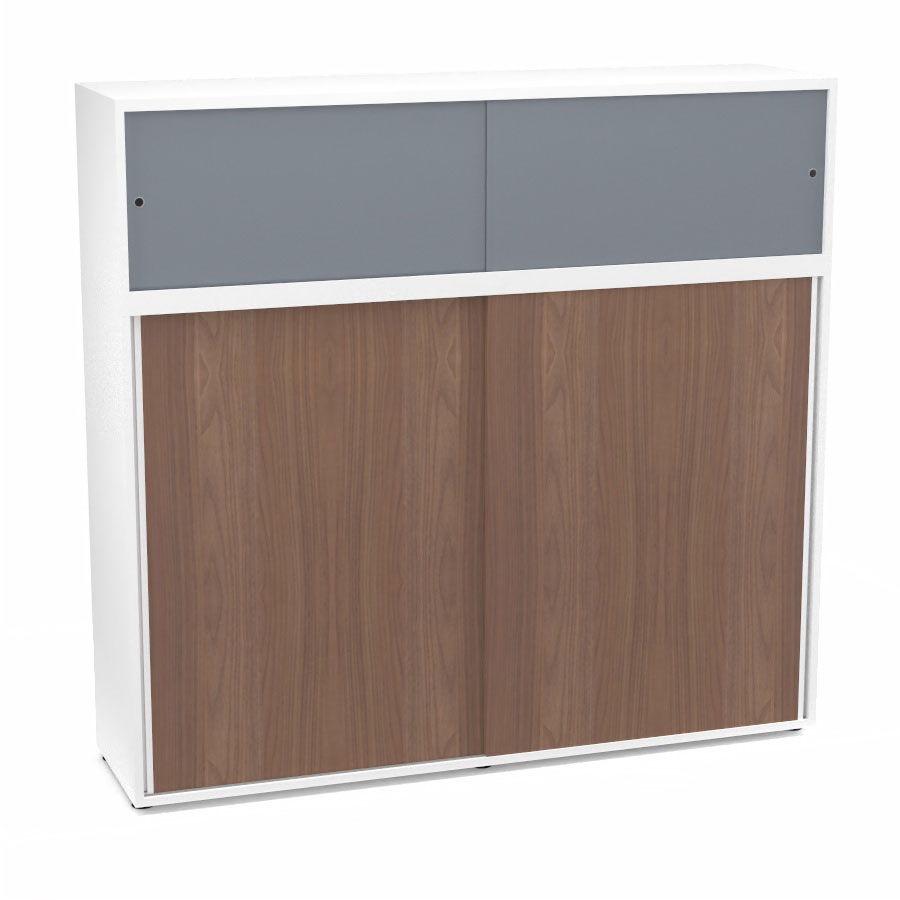 Meuble comptoir sparateur Armand H. 156 x L. 165 x P. 43,2 cm - 3 tablettes - corps mlamine blanc neige - portes mlamine noyer ambr/altuglas gris fum