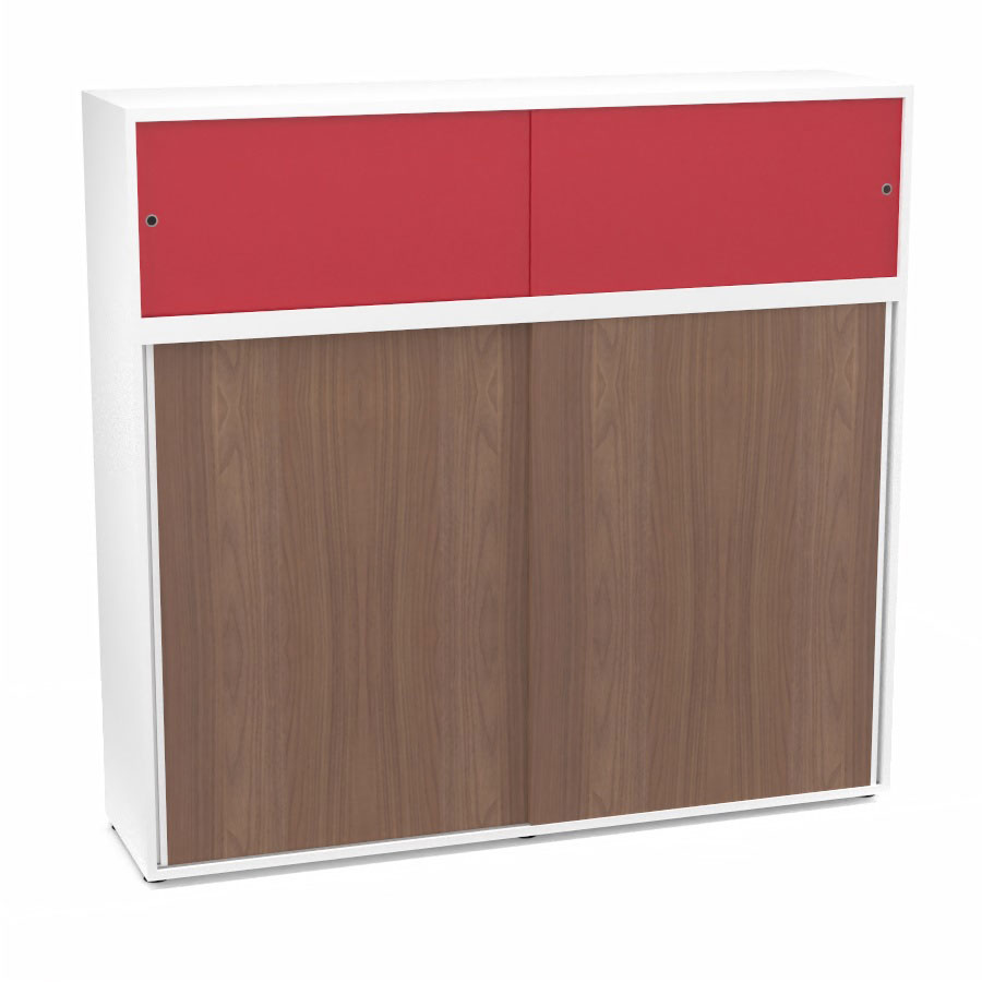 Meuble comptoir sparateur Armand H. 156 x L. 165 x P. 43,2 cm - 3 tablettes - corps mlamine blanc neige - portes mlamine noyer ambr/altuglas rouge satin