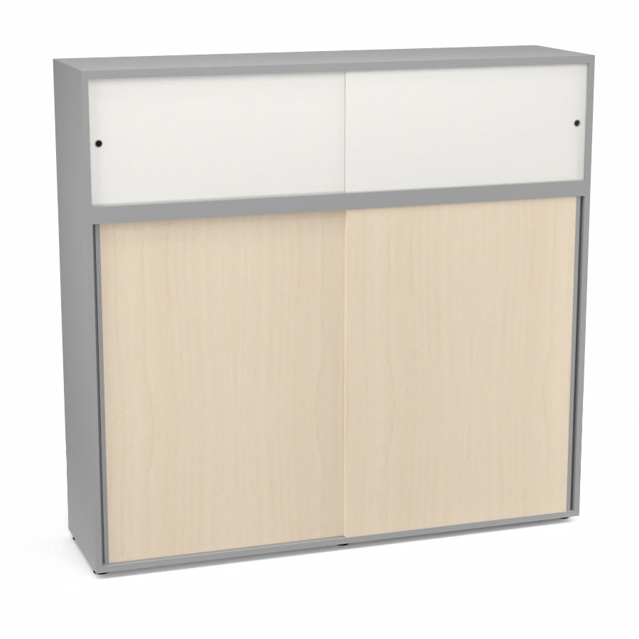 Meuble comptoir sparateur Armand H. 156 x L. 165 x P. 43,2 cm - 3 tablettes - corps mlamine gris aluminium - portes mlamine rable blanc/altuglas blanc satin