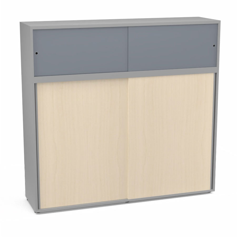 Meuble comptoir sparateur Armand H. 156 x L. 165 x P. 43,2 cm - 3 tablettes - corps mlamine gris aluminium - portes mlamine rable blanc/altuglas gris fum