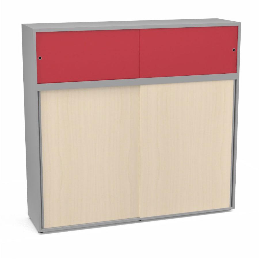 Meuble comptoir sparateur Armand H. 156 x L. 165 x P. 43,2 cm - 3 tablettes - corps mlamine gris aluminium - portes mlamine rable blanc/altuglas rouge satin