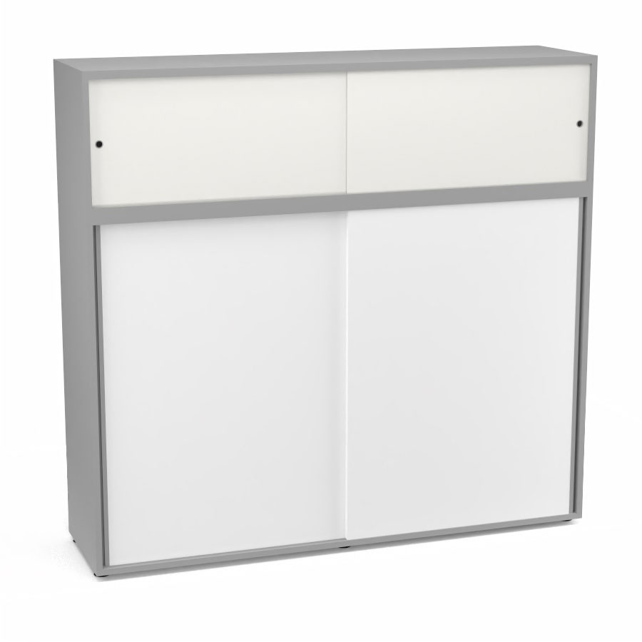 Meuble comptoir sparateur Armand H. 156 x L. 165 x P. 43,2 cm - 3 tablettes - corps mlamine gris aluminium - portes mlamine blanc neige/altuglas blanc satin