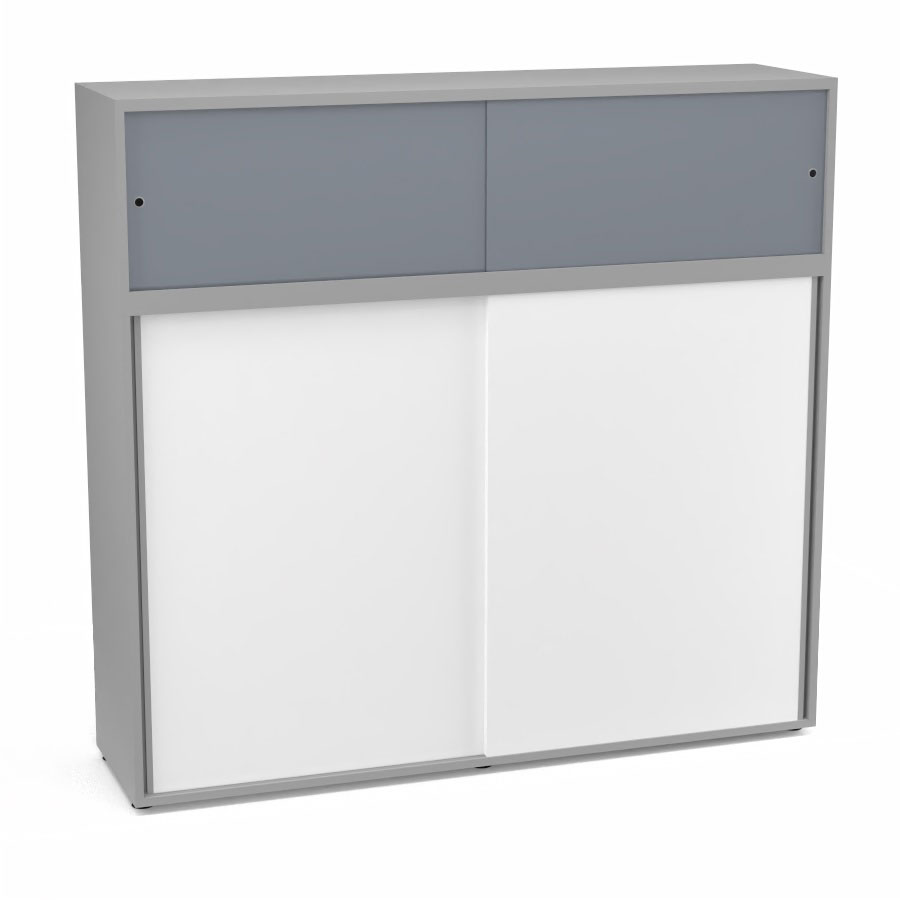 Meuble comptoir sparateur Armand H. 156 x L. 165 x P. 43,2 cm - 3 tablettes - corps mlamine gris aluminium - portes mlamine blanc neige/altuglas gris fum