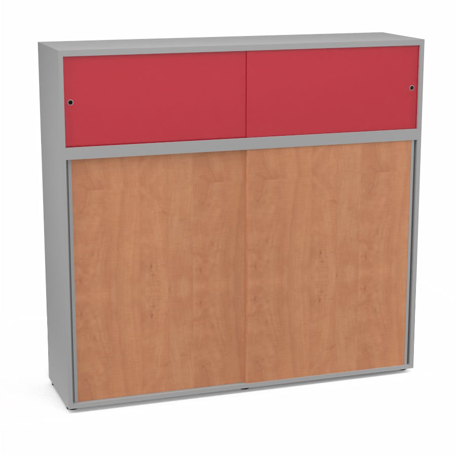Meuble comptoir sparateur Armand H. 156 x L. 165 x P. 43,2 cm - 3 tablettes - corps mlamine gris aluminium - portes mlamine pommier de France/altuglas rouge satin