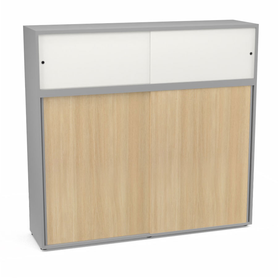 Meuble comptoir sparateur Armand H. 156 x L. 165 x P. 43,2 cm - 3 tablettes - corps mlamine gris aluminium - portes mlamine chne clair/altuglas blanc satin