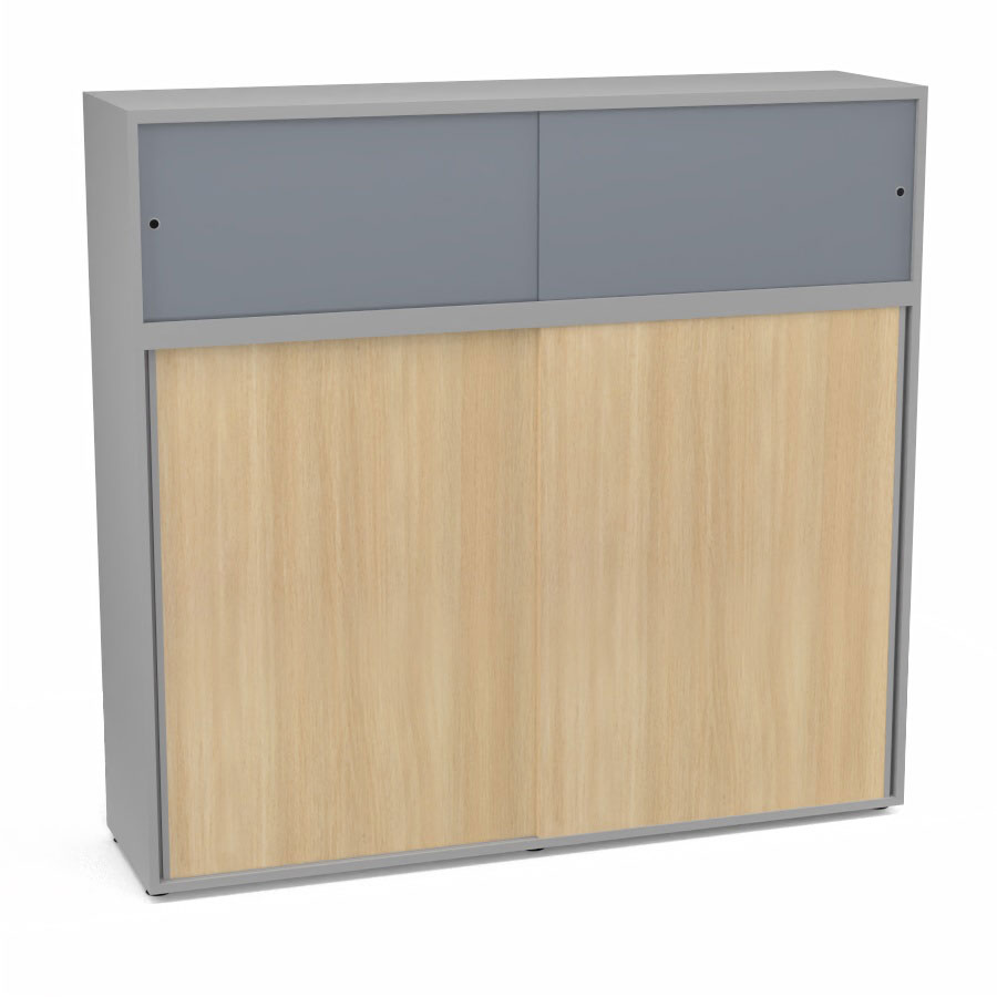 Meuble comptoir sparateur Armand H. 156 x L. 165 x P. 43,2 cm - 3 tablettes - corps mlamine gris aluminium - portes mlamine chne clair/altuglas gris fum